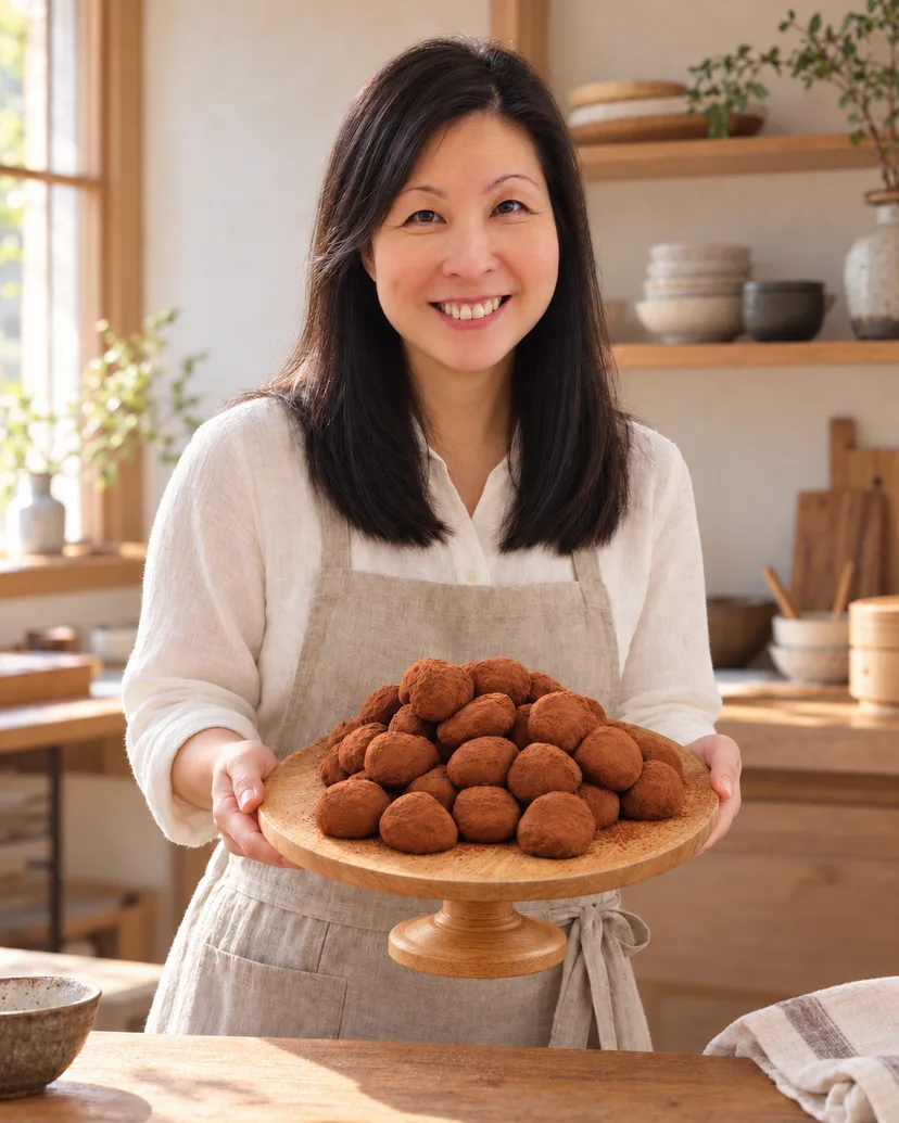 Joyful Concept 店主穿著米色日式圍裙,手捧糯米糍
